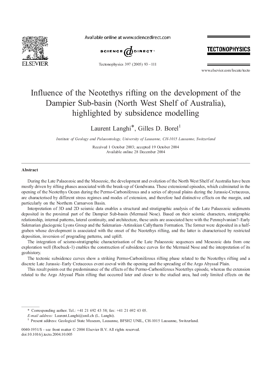 Influence of the Neotethys rifting on the development of the Dampier Sub-basin (North West Shelf of Australia), highlighted by subsidence modelling