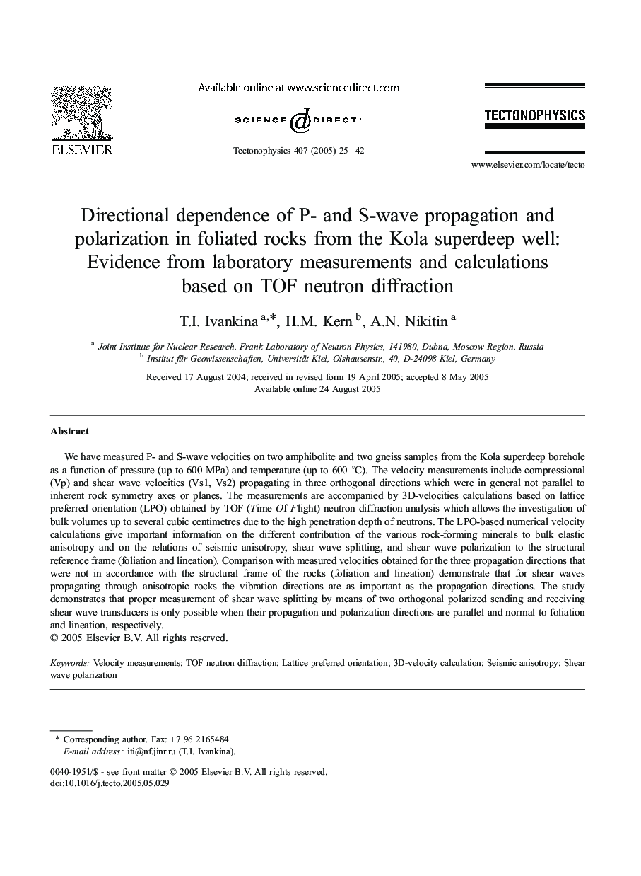 Directional dependence of P- and S-wave propagation and polarization in foliated rocks from the Kola superdeep well: Evidence from laboratory measurements and calculations based on TOF neutron diffraction