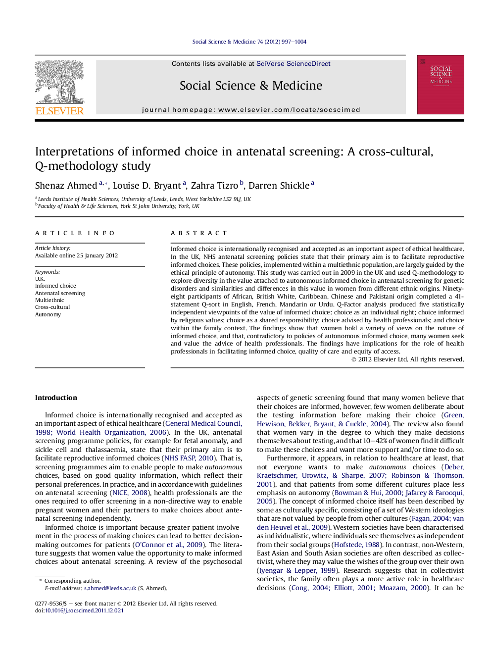 Interpretations of informed choice in antenatal screening: A cross-cultural, Q-methodology study