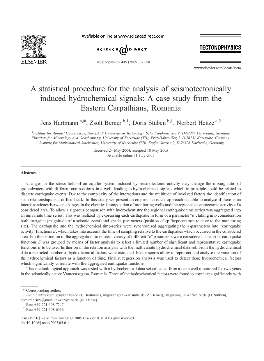 A statistical procedure for the analysis of seismotectonically induced hydrochemical signals: A case study from the Eastern Carpathians, Romania