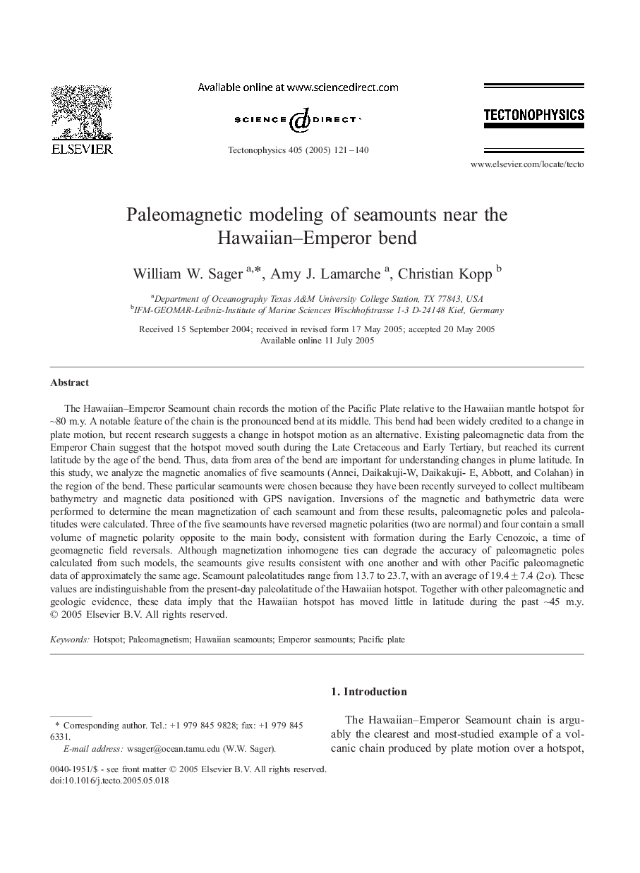 Paleomagnetic modeling of seamounts near the Hawaiian-Emperor bend