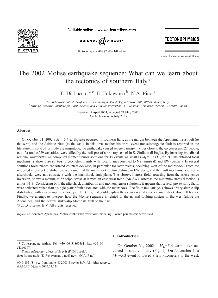 The 2002 Molise earthquake sequence: What can we learn about the tectonics of southern Italy?