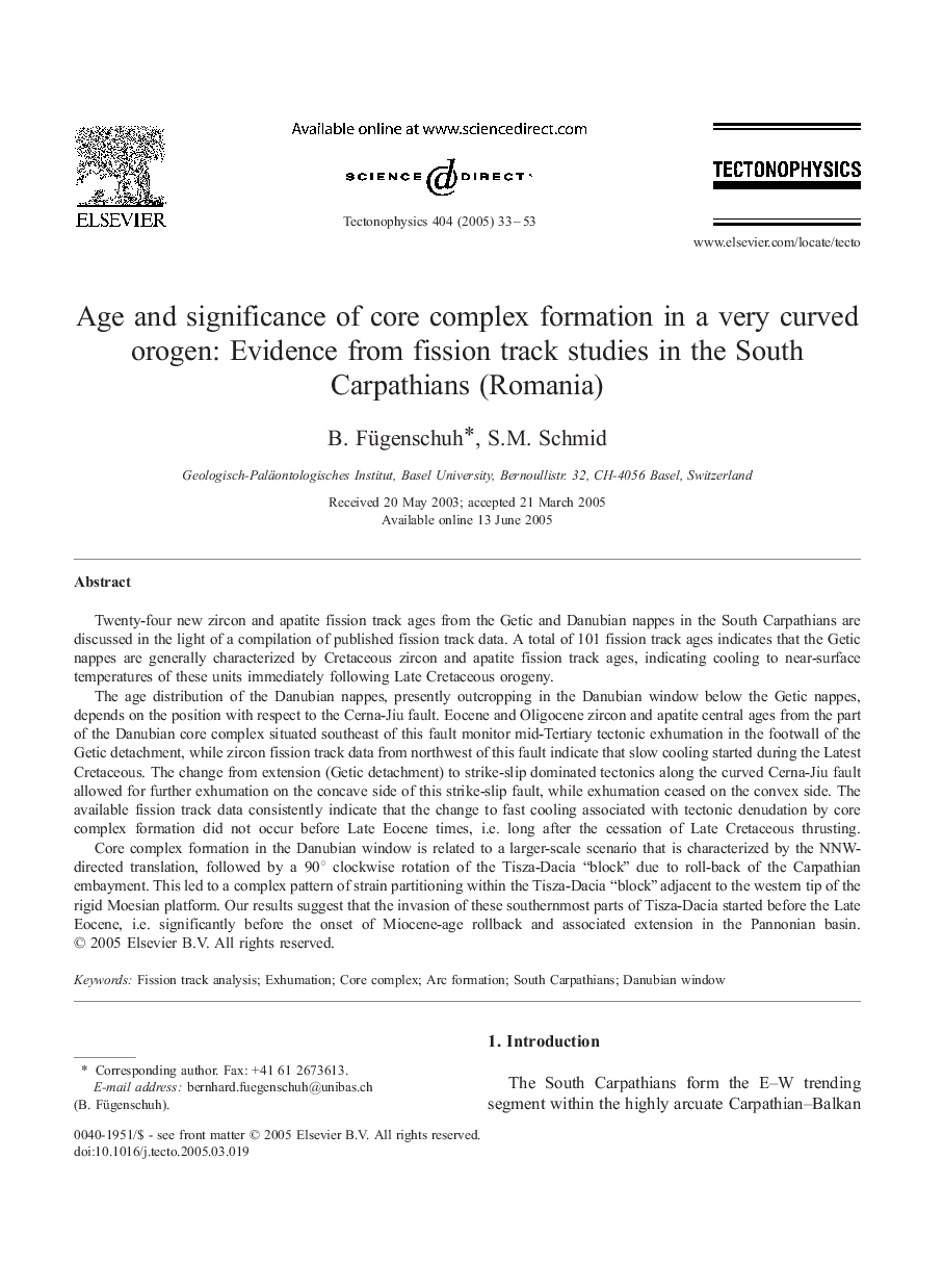 Age and significance of core complex formation in a very curved orogen: Evidence from fission track studies in the South Carpathians (Romania)