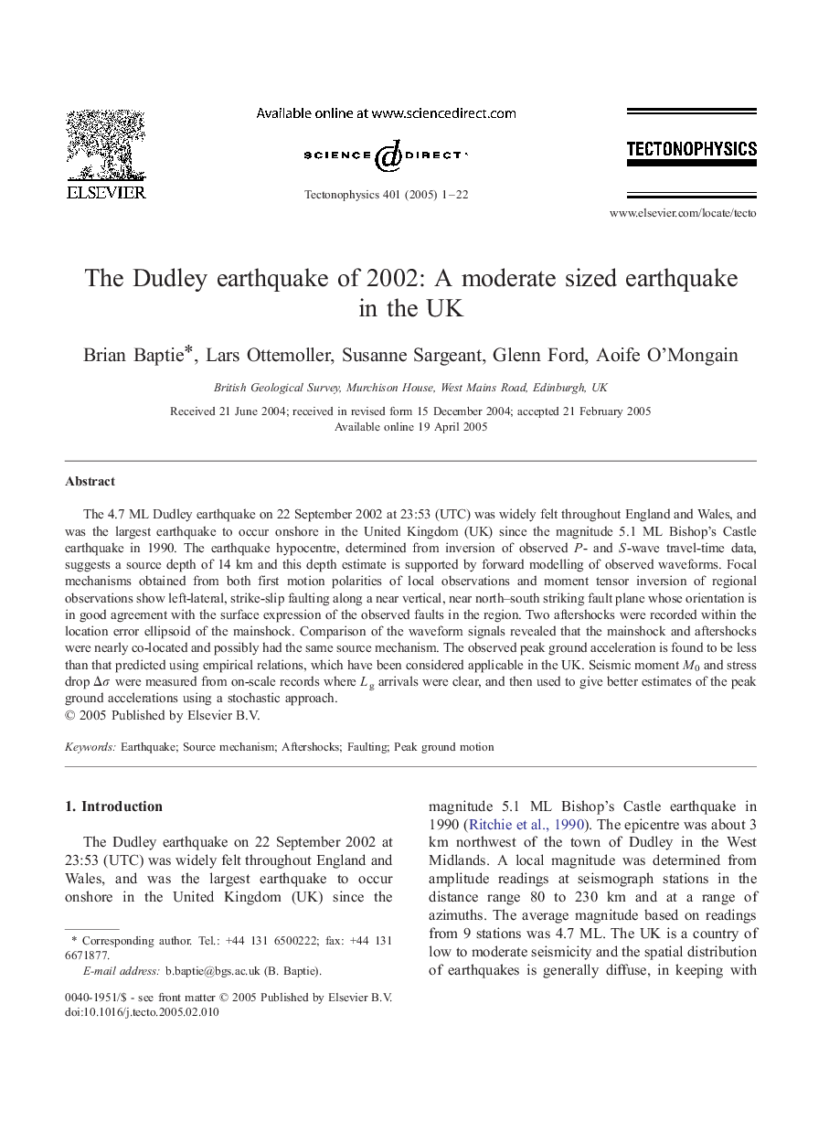 The Dudley earthquake of 2002: A moderate sized earthquake in the UK