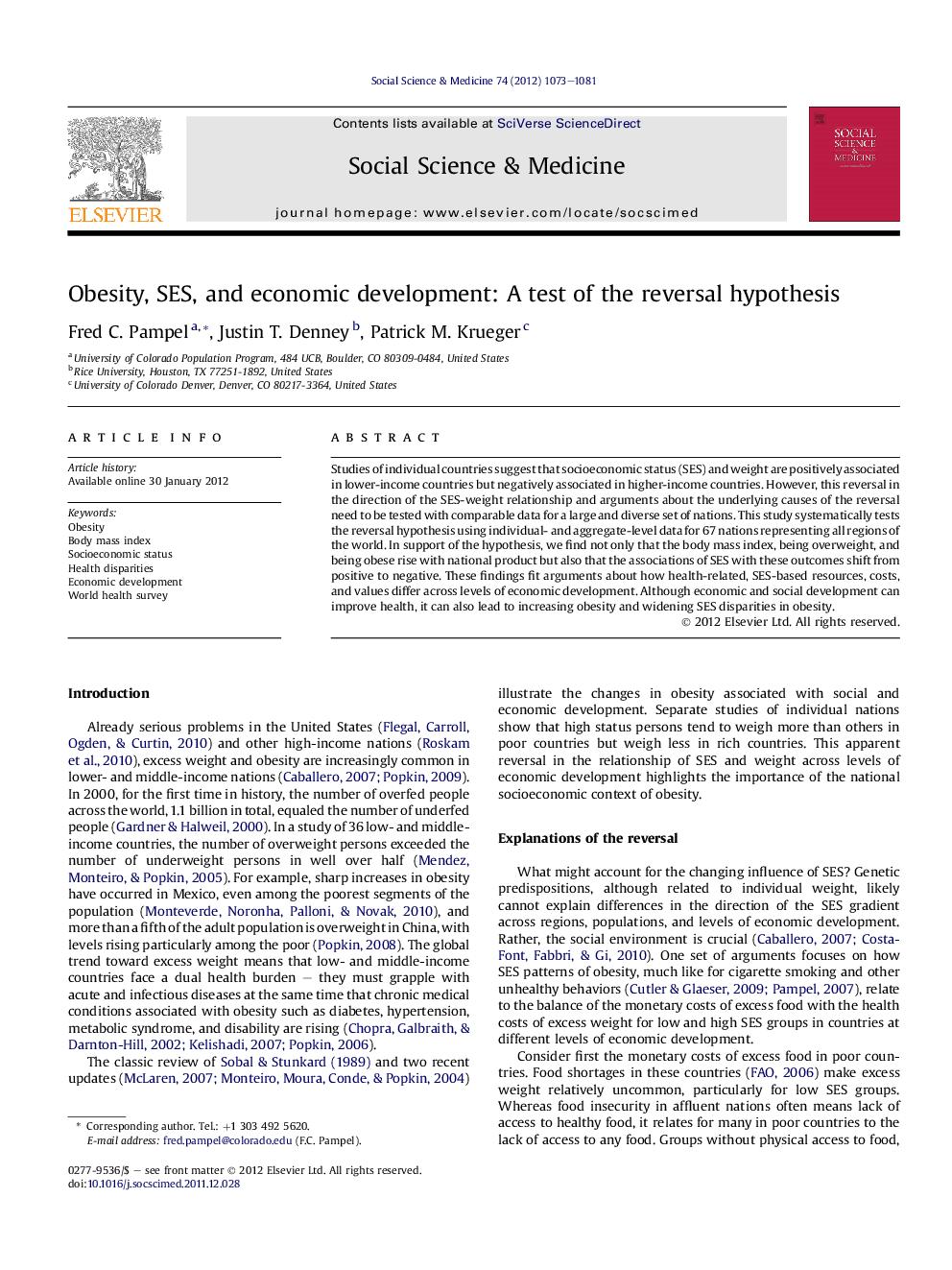 Obesity, SES, and economic development: A test of the reversal hypothesis