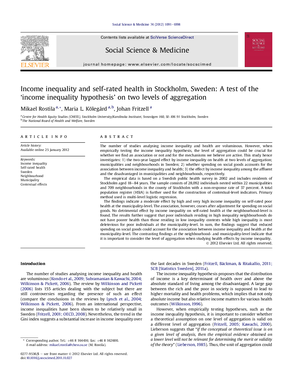 Income inequality and self-rated health in Stockholm, Sweden: A test of the ‘income inequality hypothesis’ on two levels of aggregation