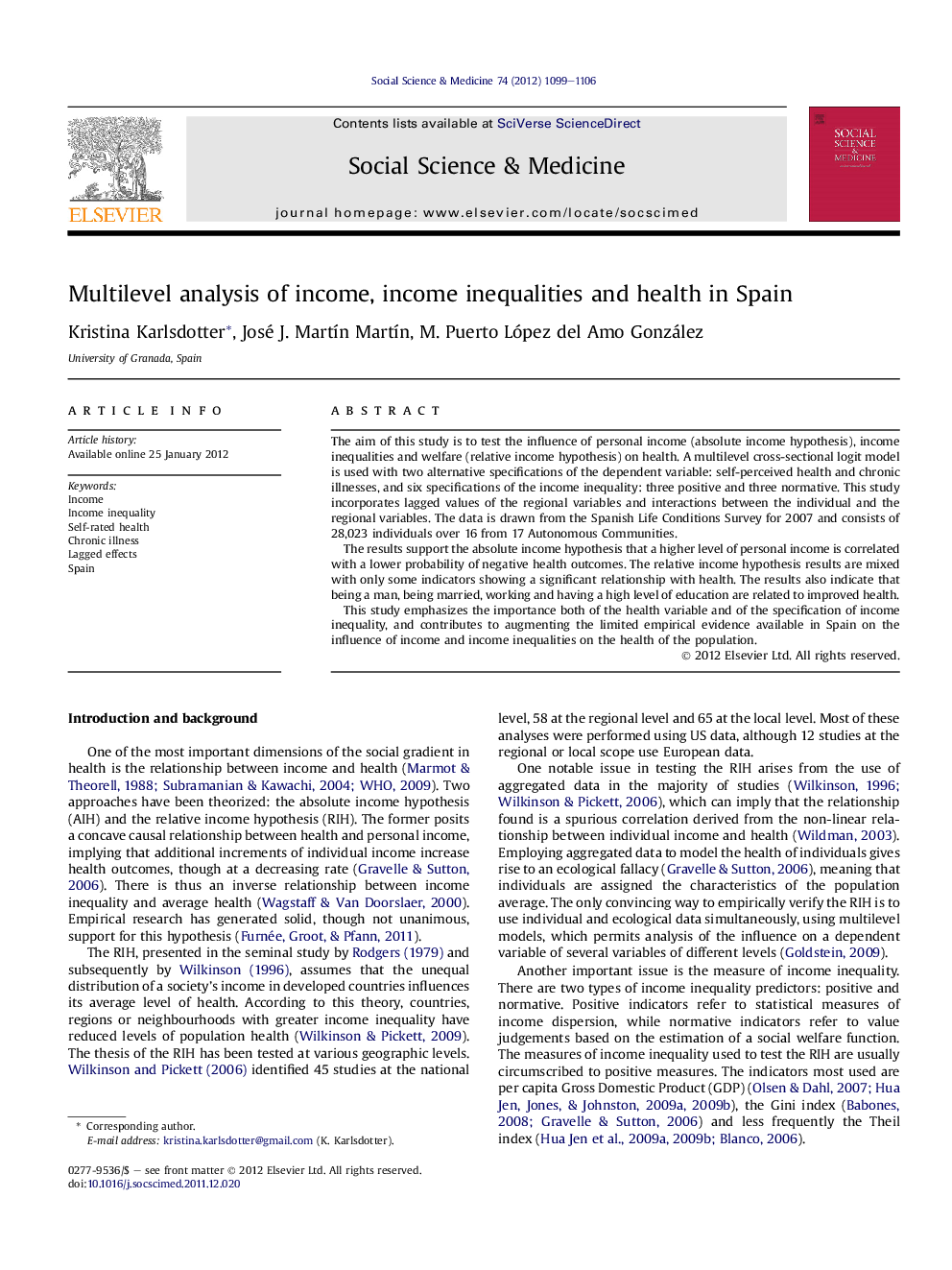 Multilevel analysis of income, income inequalities and health in Spain