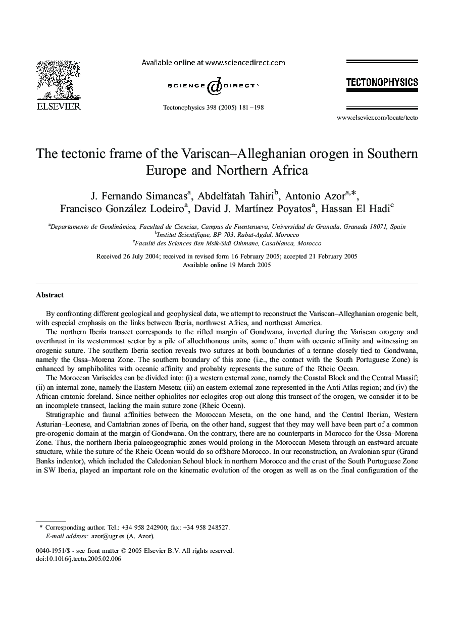 The tectonic frame of the Variscan-Alleghanian orogen in Southern Europe and Northern Africa