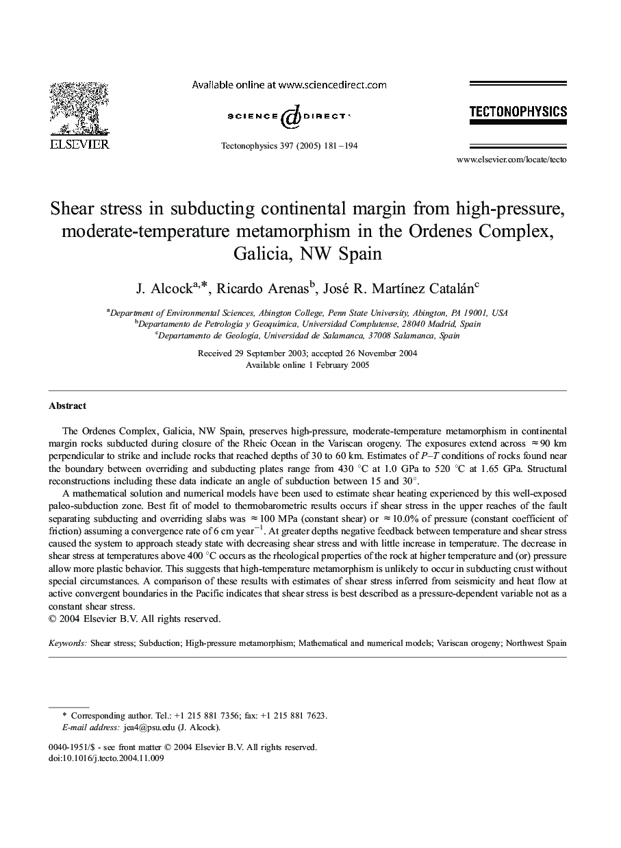 Shear stress in subducting continental margin from high-pressure, moderate-temperature metamorphism in the Ordenes Complex, Galicia, NW Spain