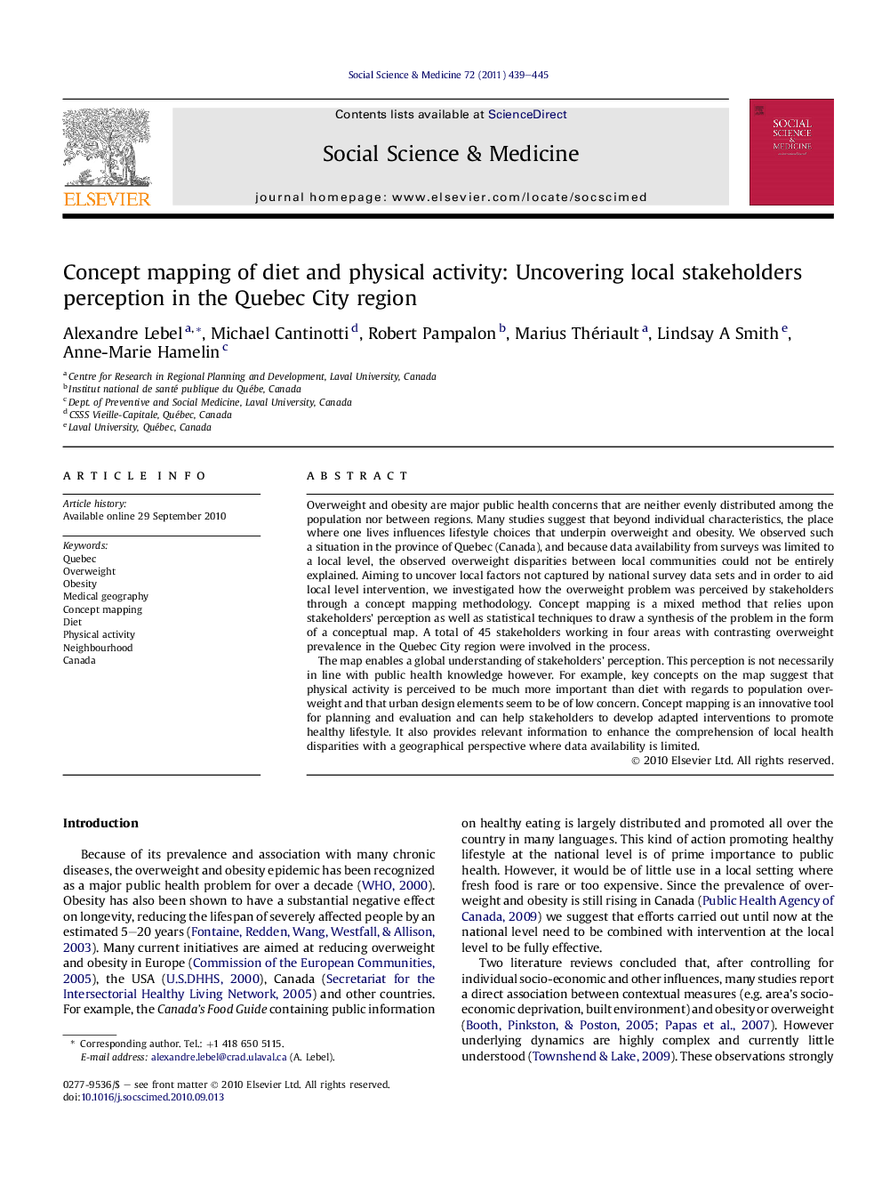 Concept mapping of diet and physical activity: Uncovering local stakeholders perception in the Quebec City region