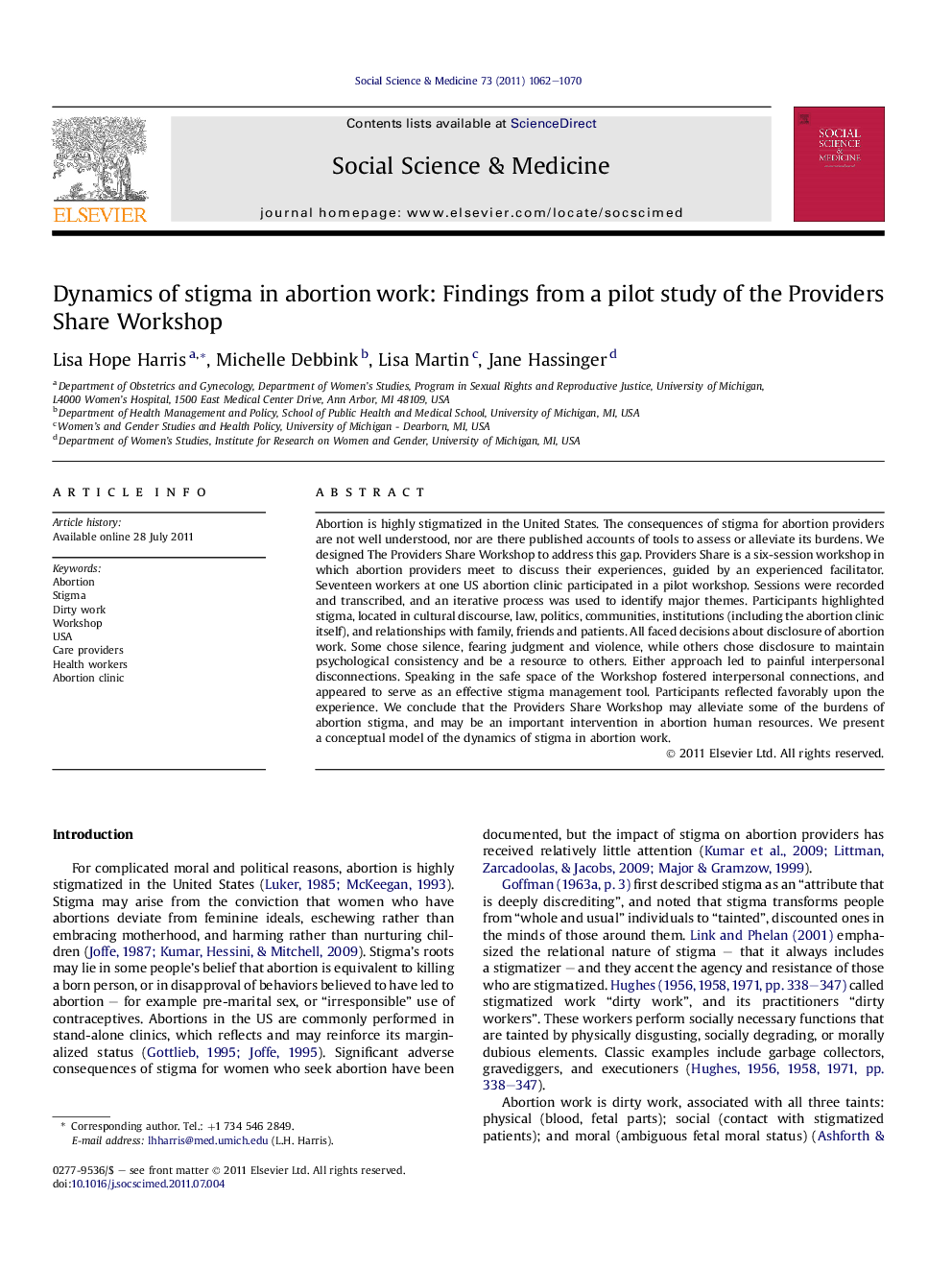 Dynamics of stigma in abortion work: Findings from a pilot study of the Providers Share Workshop