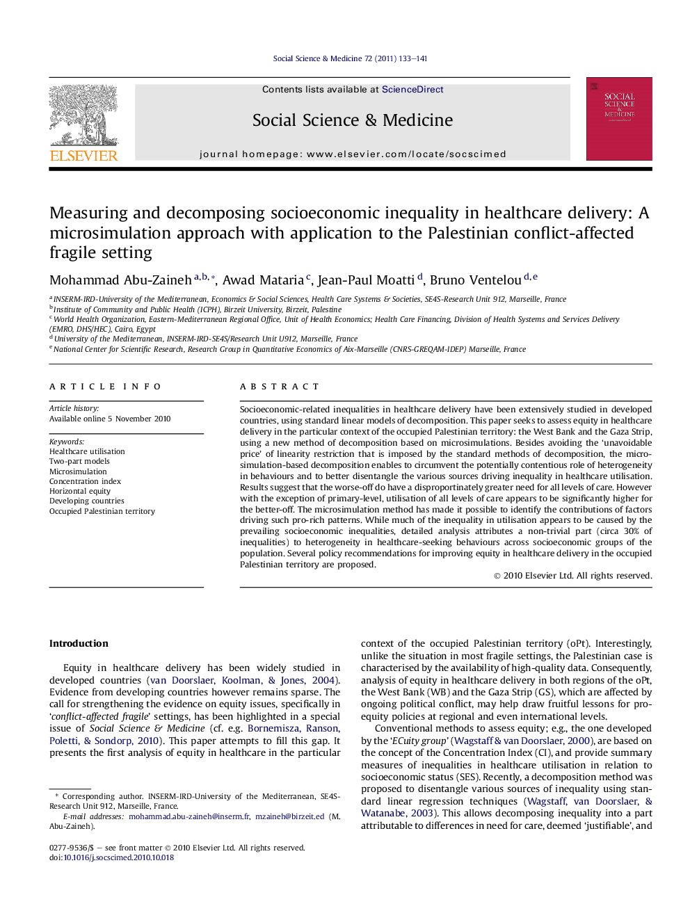 Measuring and decomposing socioeconomic inequality in healthcare delivery: A microsimulation approach with application to the Palestinian conflict-affected fragile setting