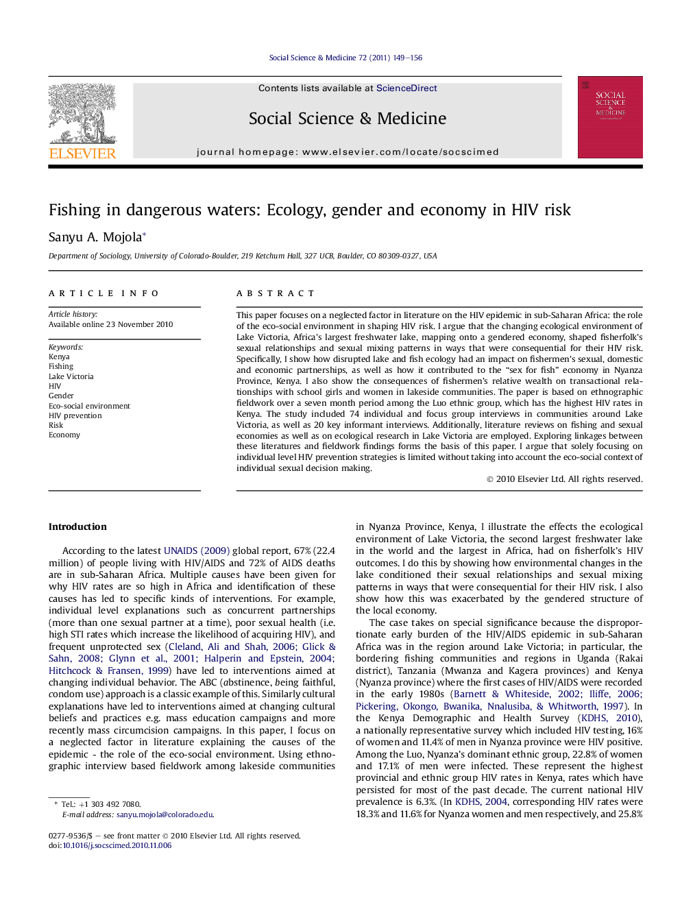 Fishing in dangerous waters: Ecology, gender and economy in HIV risk