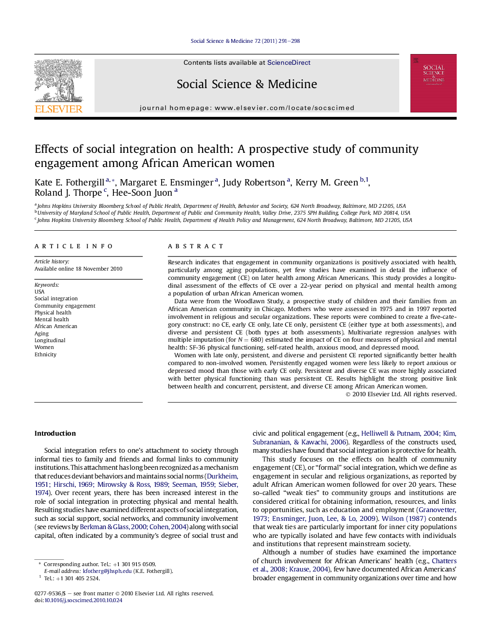 Effects of social integration on health: A prospective study of community engagement among African American women