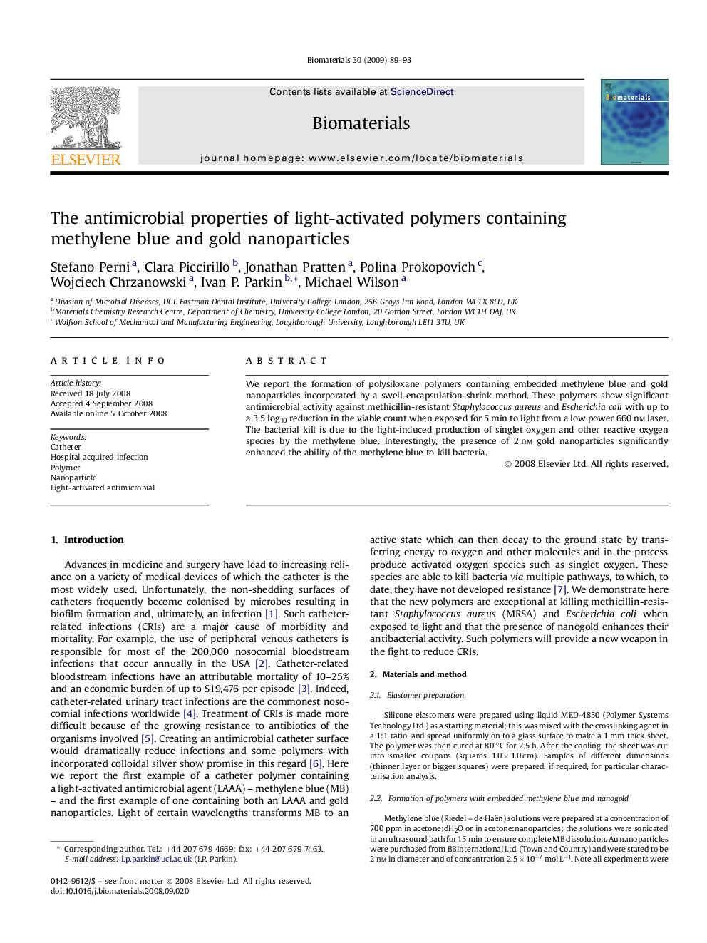 The antimicrobial properties of light-activated polymers containing methylene blue and gold nanoparticles