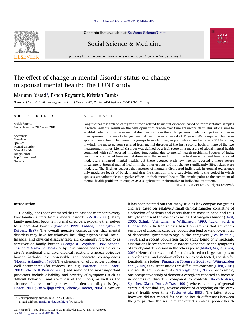 The effect of change in mental disorder status on change in spousal mental health: The HUNT study