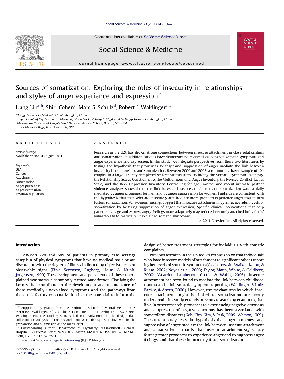 Sources of somatization: Exploring the roles of insecurity in relationships and styles of anger experience and expression 