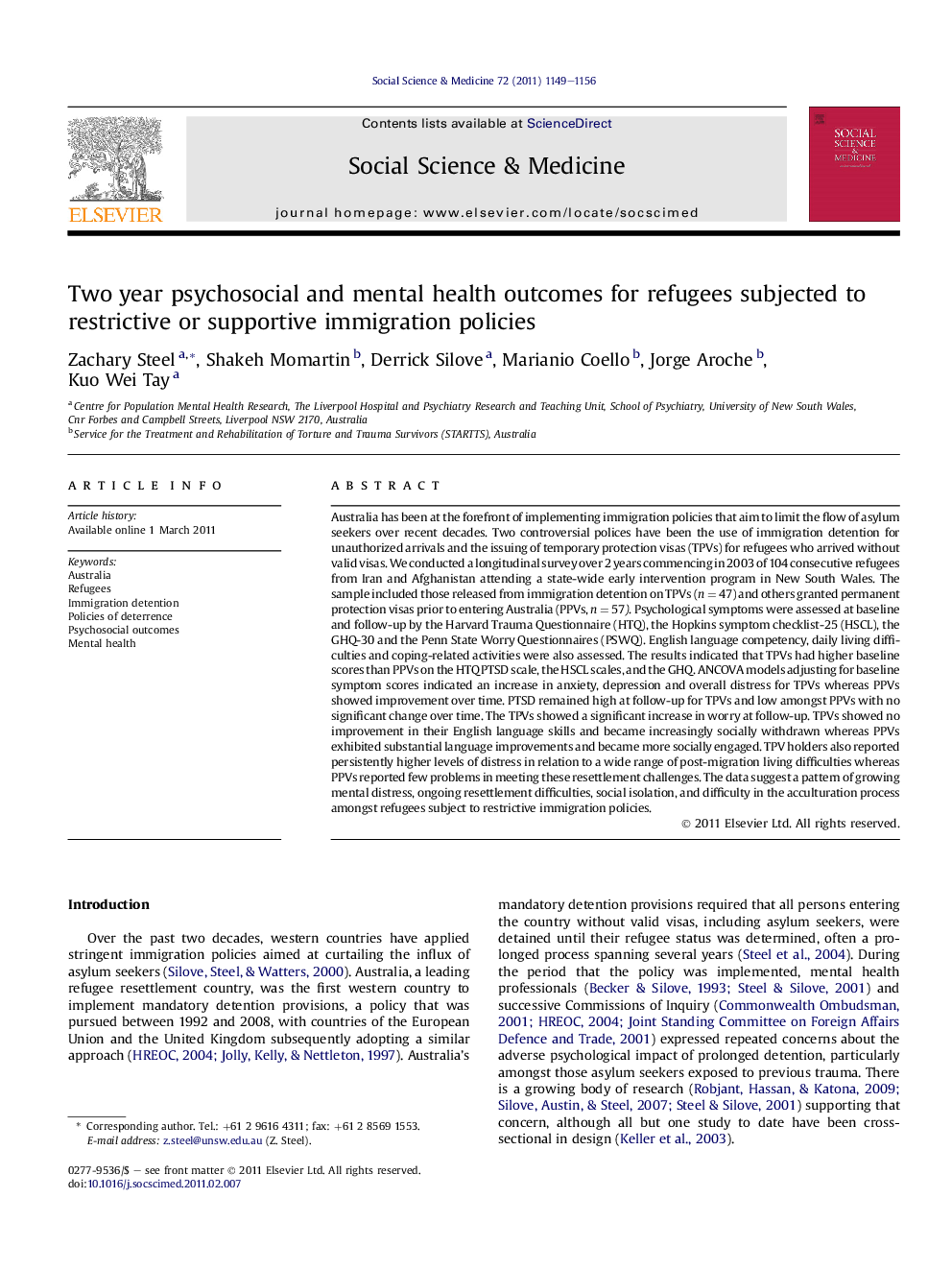 Two year psychosocial and mental health outcomes for refugees subjected to restrictive or supportive immigration policies