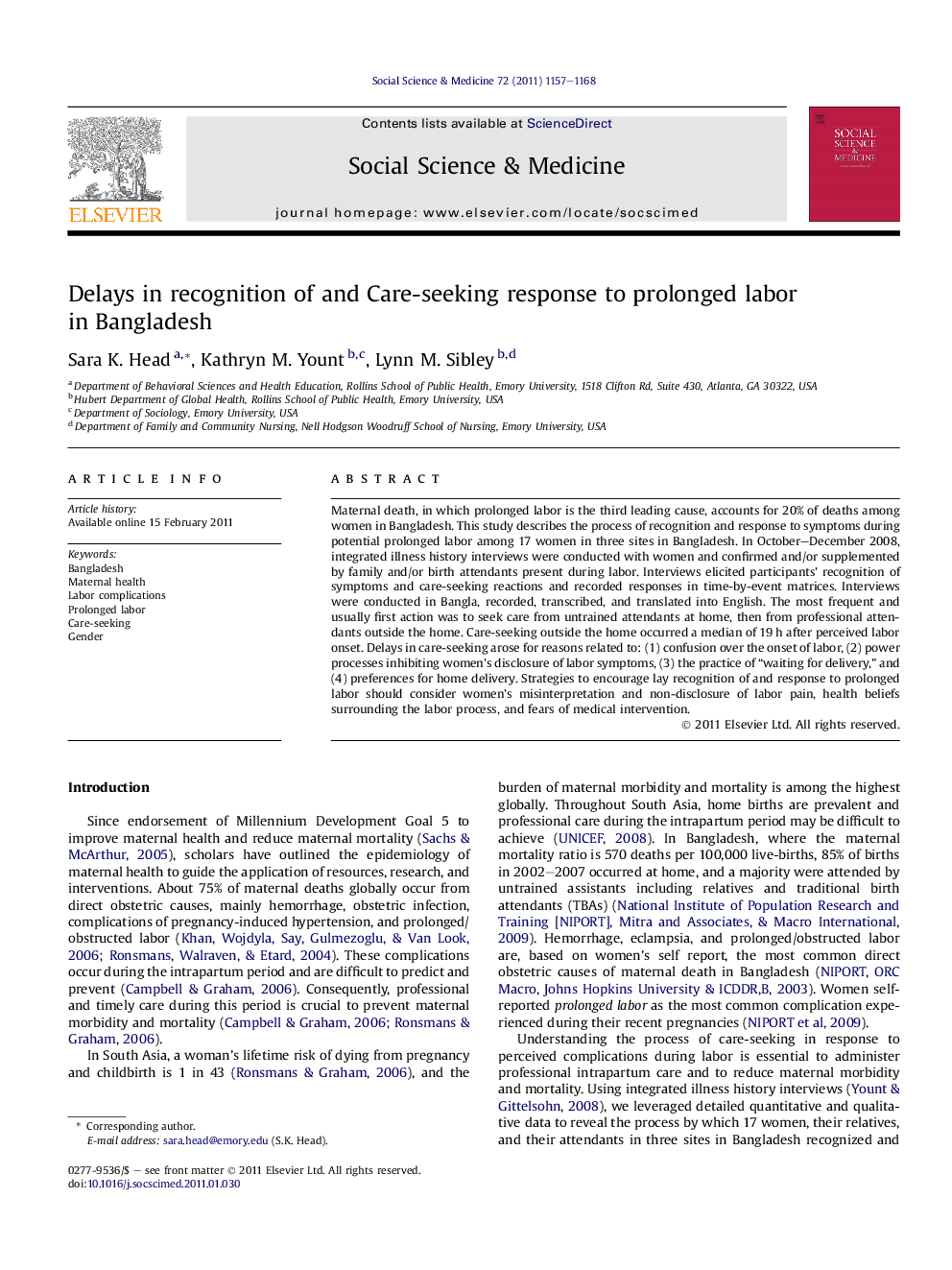 Delays in recognition of and Care-seeking response to prolonged labor in Bangladesh