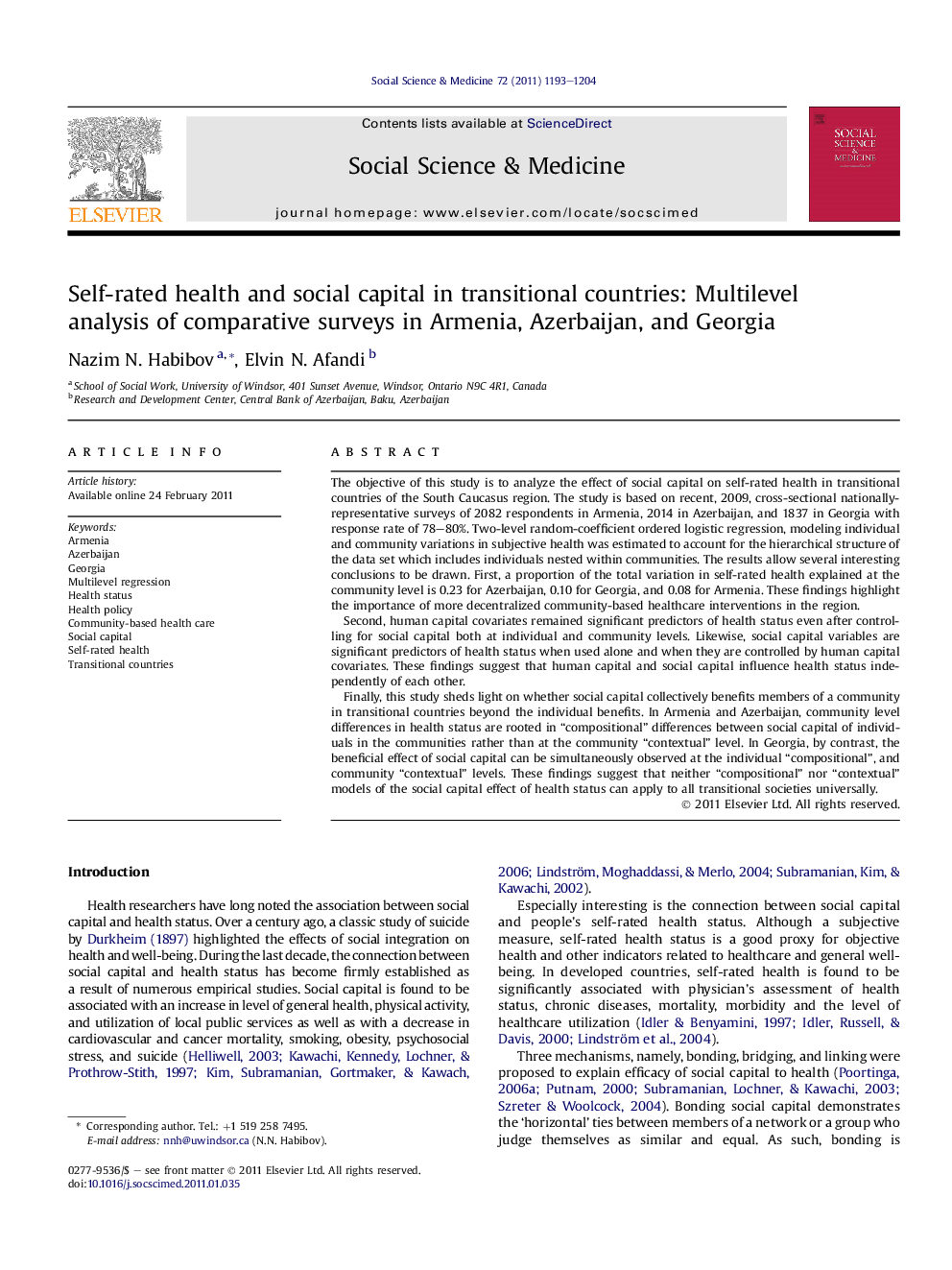 Self-rated health and social capital in transitional countries: Multilevel analysis of comparative surveys in Armenia, Azerbaijan, and Georgia