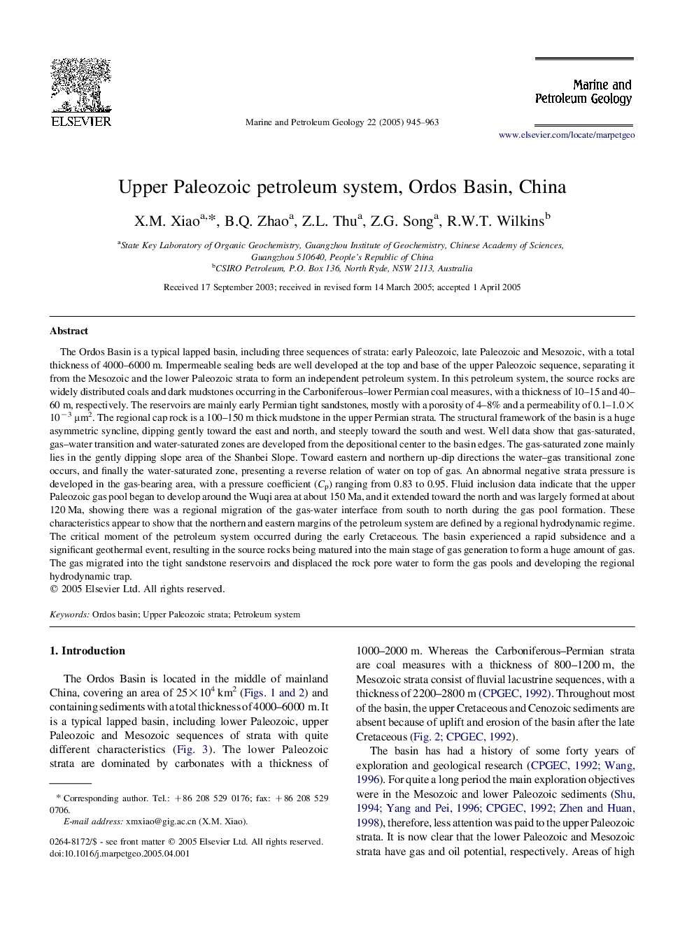 Upper Paleozoic petroleum system, Ordos Basin, China