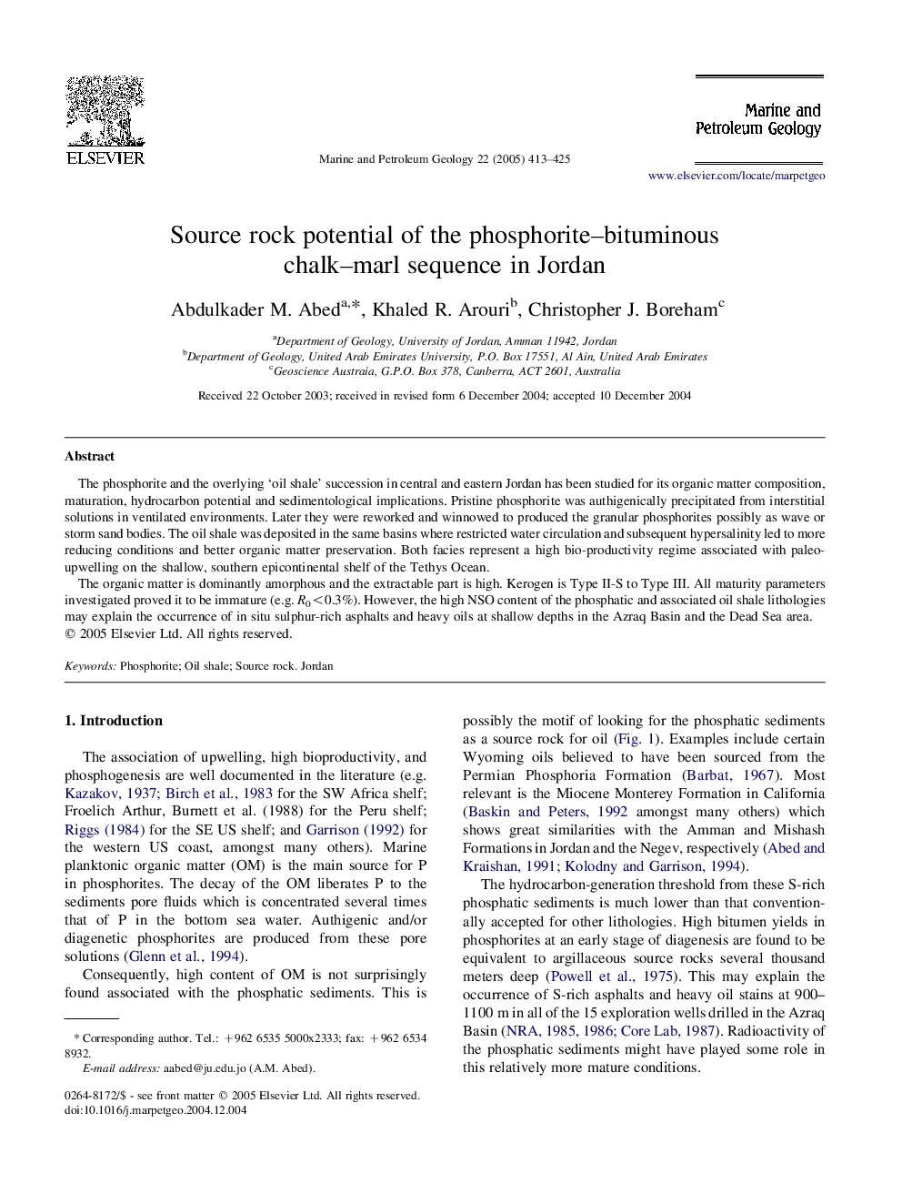 Source rock potential of the phosphorite-bituminous chalk-marl sequence in Jordan