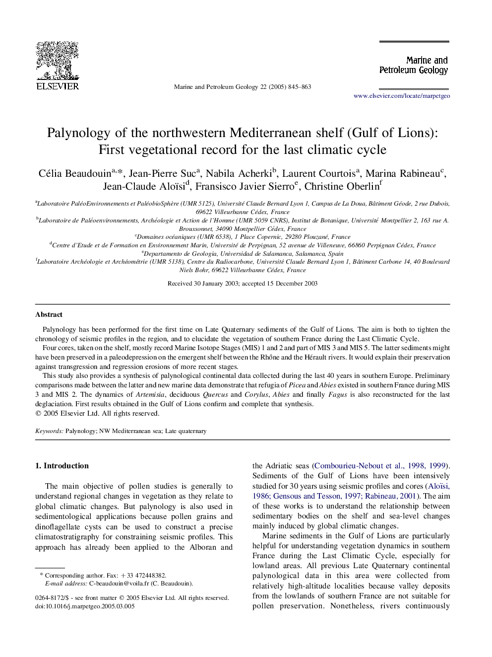 Palynology of the northwestern Mediterranean shelf (Gulf of Lions): First vegetational record for the last climatic cycle