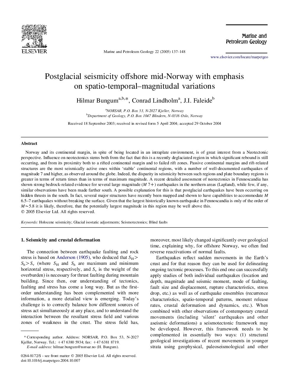 Postglacial seismicity offshore mid-Norway with emphasis on spatio-temporal-magnitudal variations