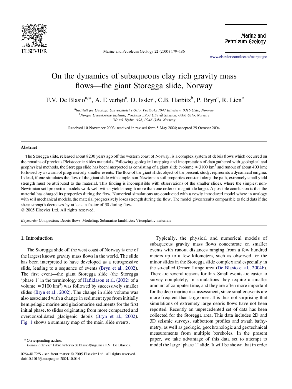 On the dynamics of subaqueous clay rich gravity mass flows-the giant Storegga slide, Norway