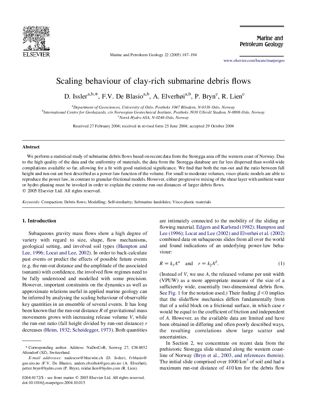 Scaling behaviour of clay-rich submarine debris flows