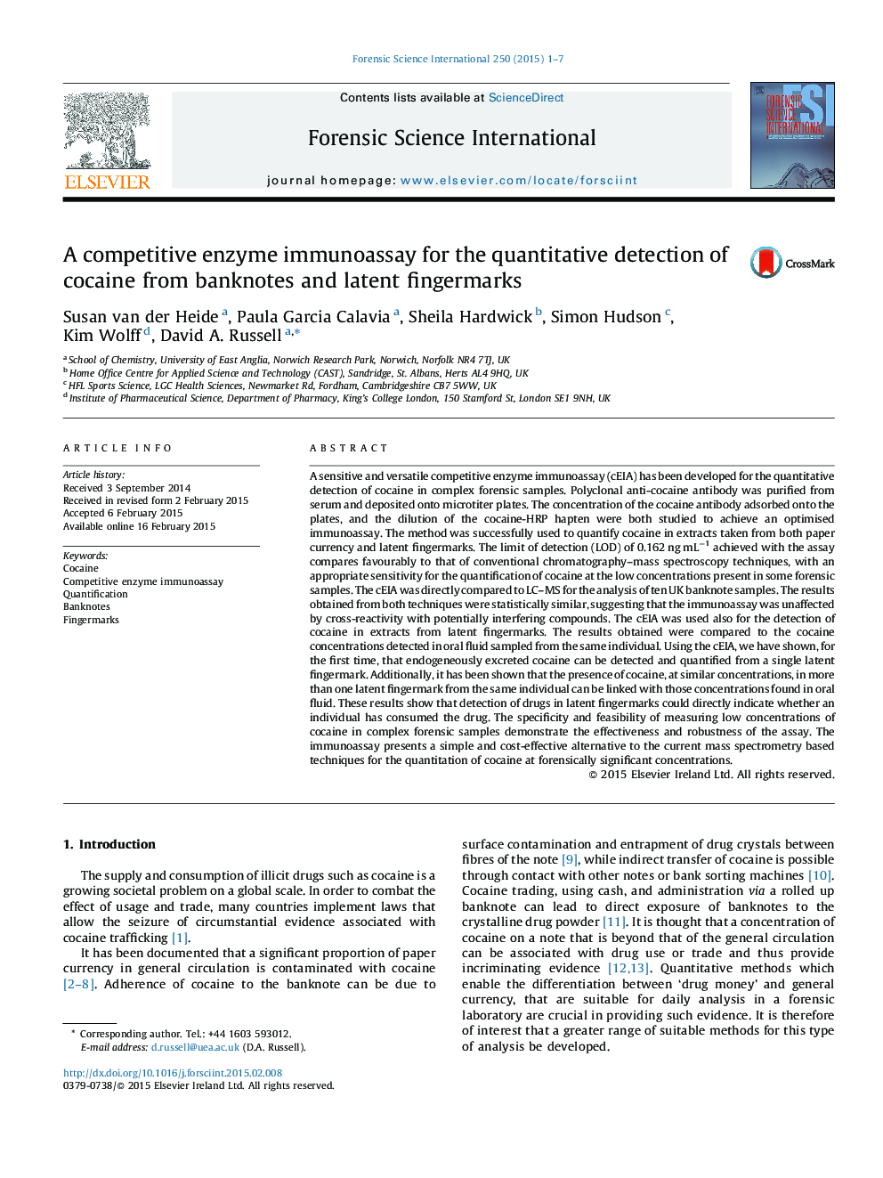 A competitive enzyme immunoassay for the quantitative detection of cocaine from banknotes and latent fingermarks