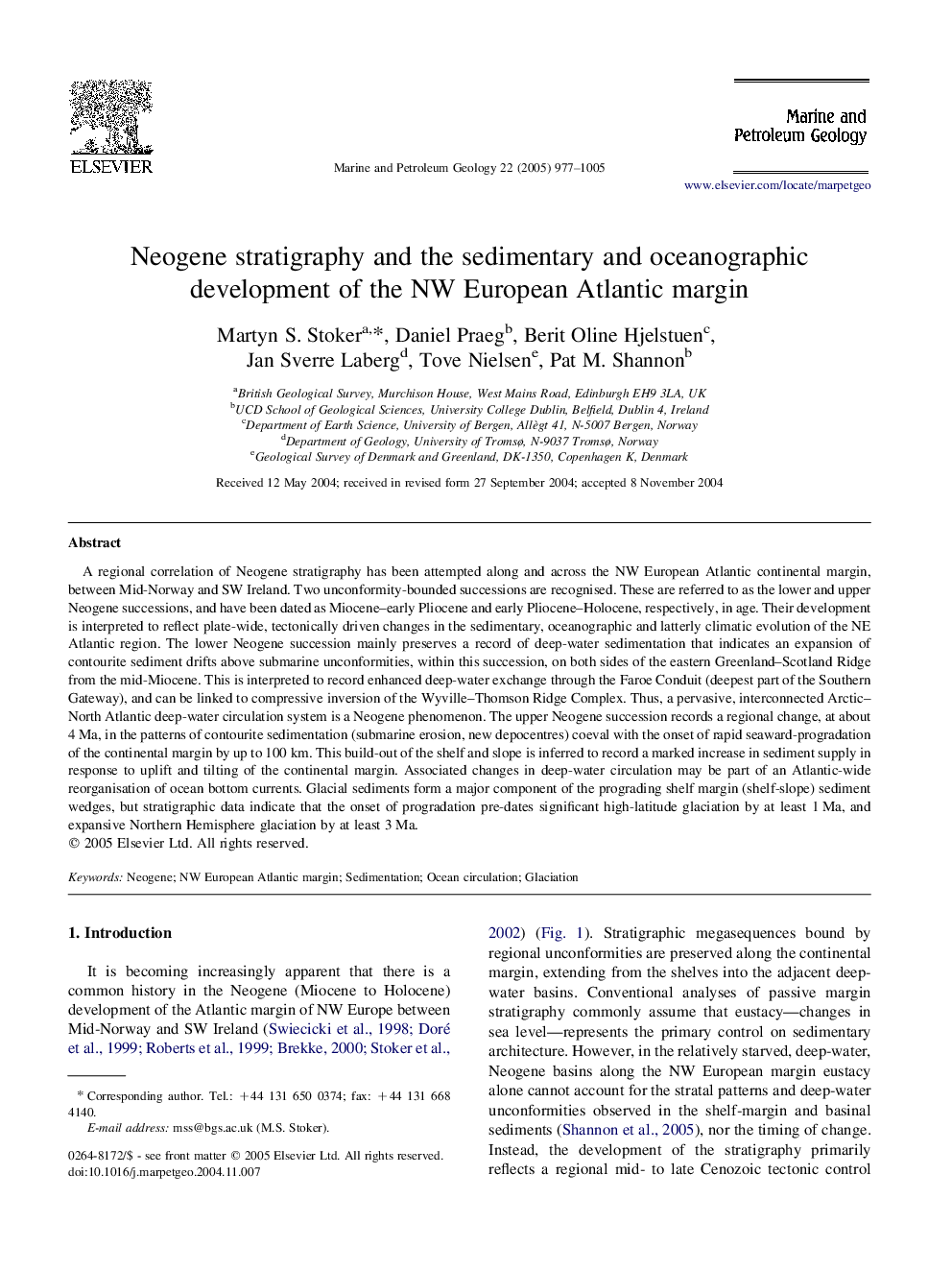 Neogene stratigraphy and the sedimentary and oceanographic development of the NW European Atlantic margin