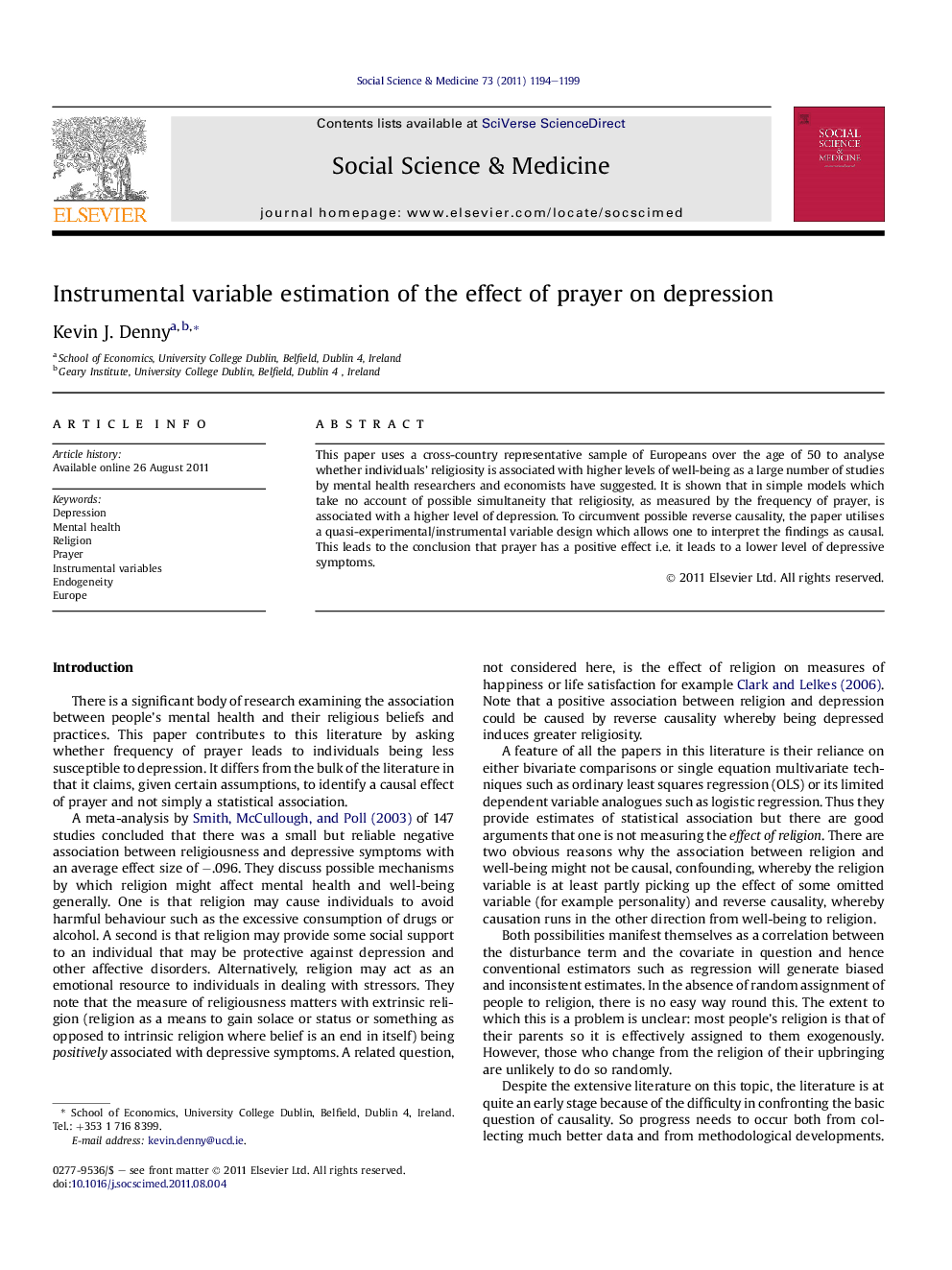 Instrumental variable estimation of the effect of prayer on depression