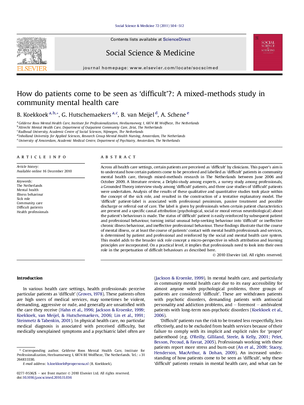 How do patients come to be seen as ‘difficult’?: A mixed-methods study in community mental health care