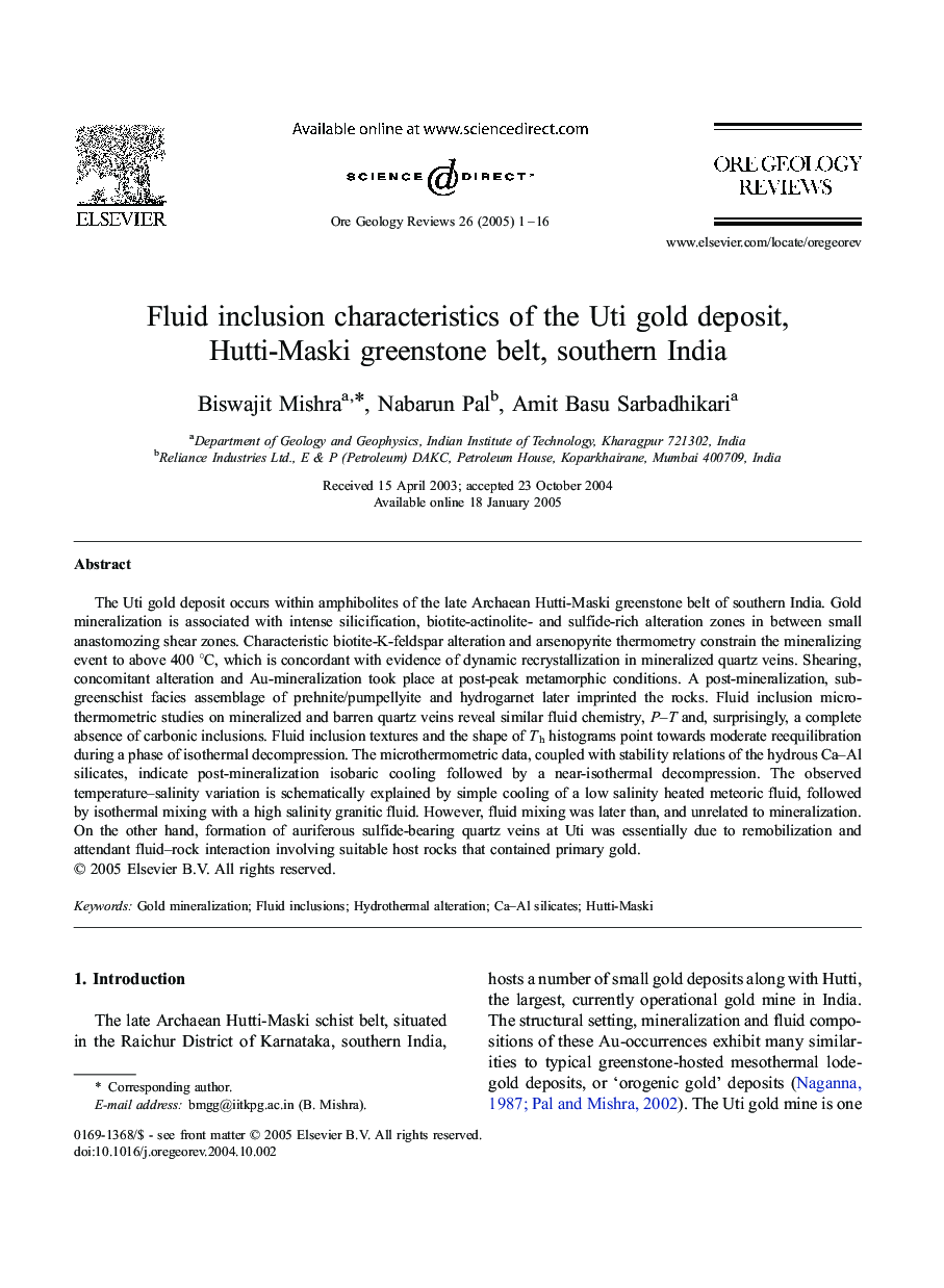 Fluid inclusion characteristics of the Uti gold deposit, Hutti-Maski greenstone belt, southern India