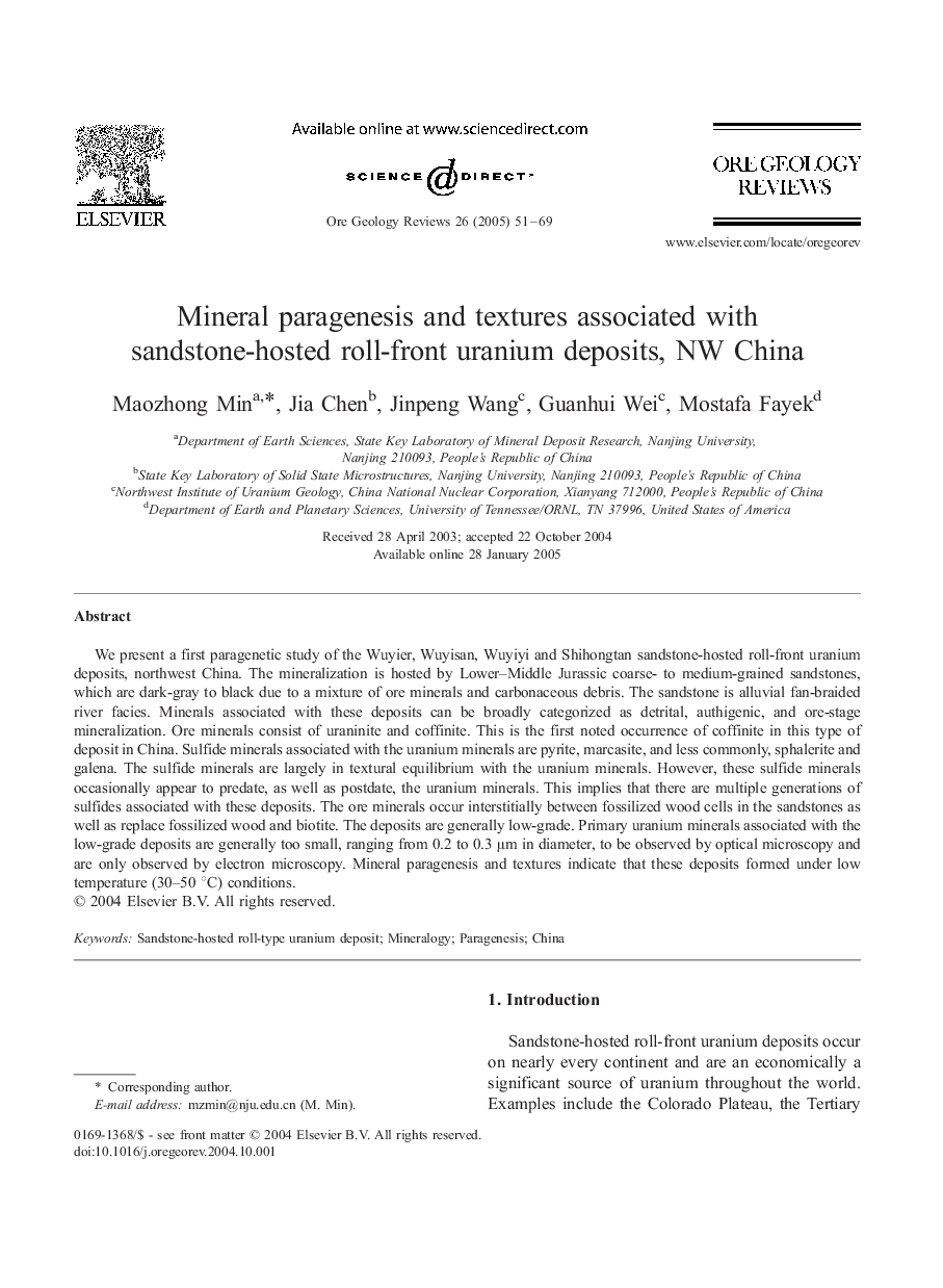 Mineral paragenesis and textures associated with sandstone-hosted roll-front uranium deposits, NW China