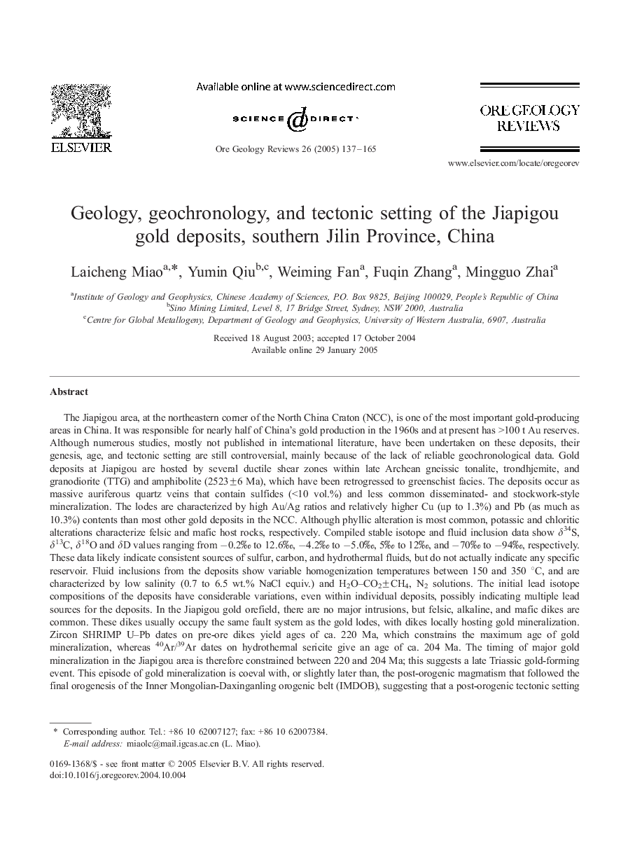 Geology, geochronology, and tectonic setting of the Jiapigou gold deposits, southern Jilin Province, China