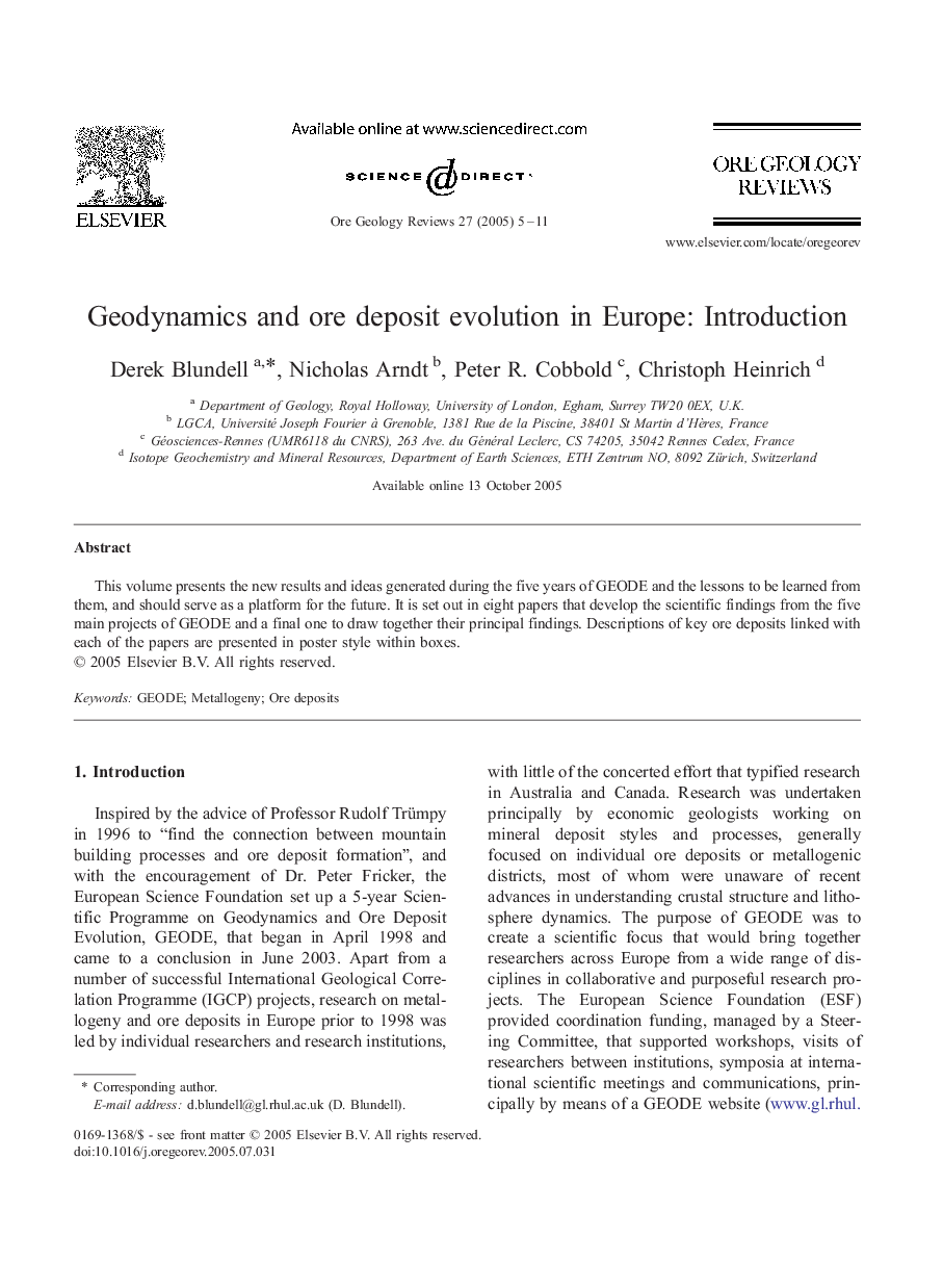 Geodynamics and ore deposit evolution in Europe: Introduction