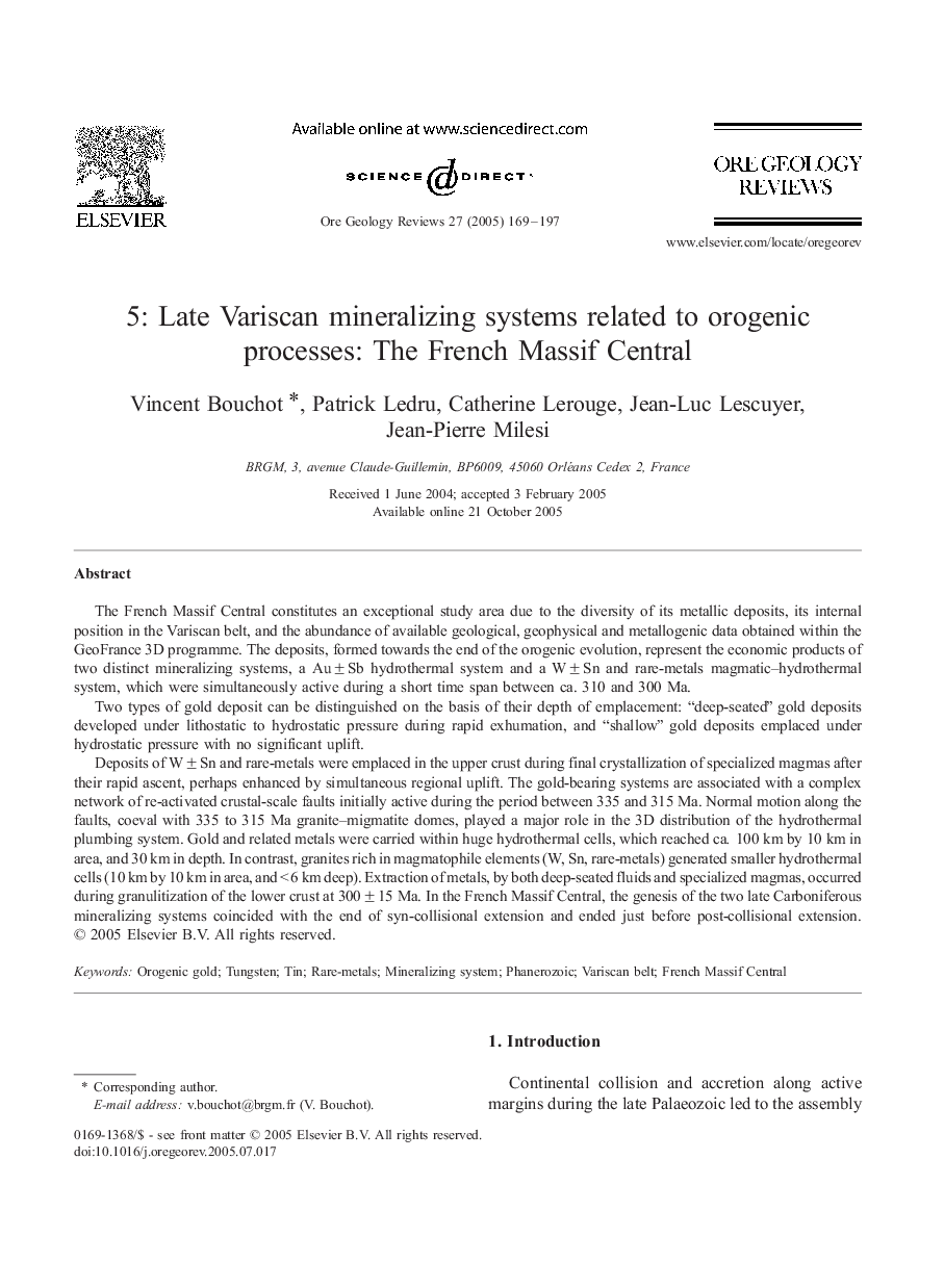 5: Late Variscan mineralizing systems related to orogenic processes: The French Massif Central