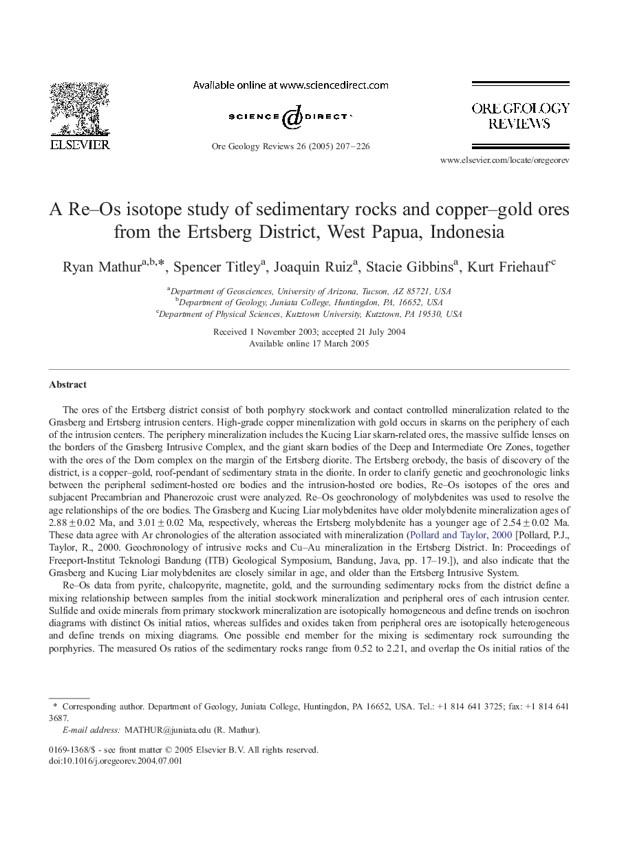 A Re-Os isotope study of sedimentary rocks and copper-gold ores from the Ertsberg District, West Papua, Indonesia