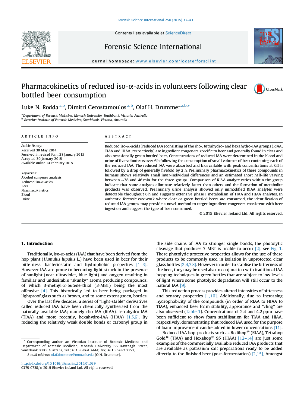 Pharmacokinetics of reduced iso-α-acids in volunteers following clear bottled beer consumption