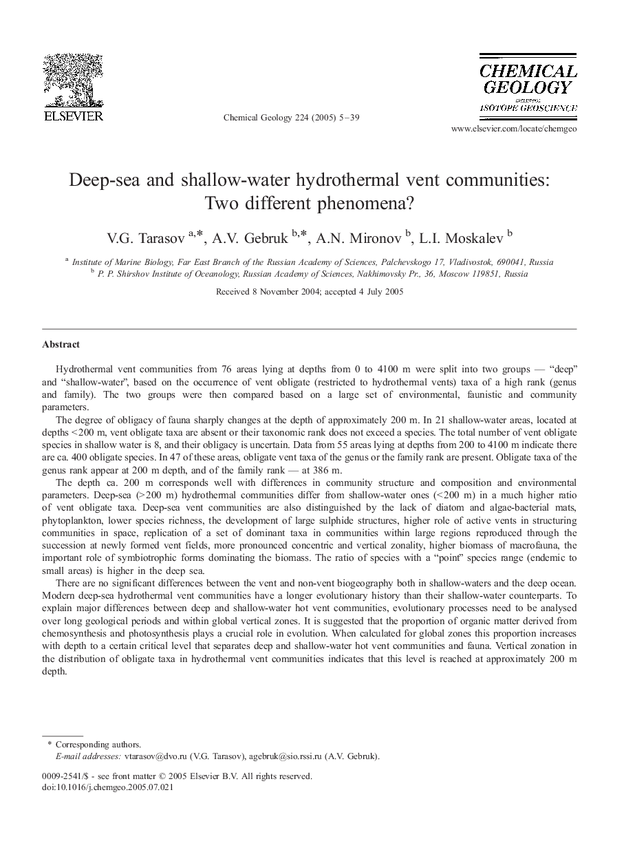 Deep-sea and shallow-water hydrothermal vent communities: Two different phenomena?