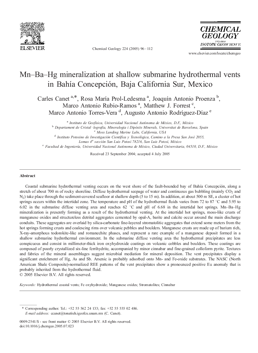 Mn-Ba-Hg mineralization at shallow submarine hydrothermal vents in BahÃ­a Concepción, Baja California Sur, Mexico