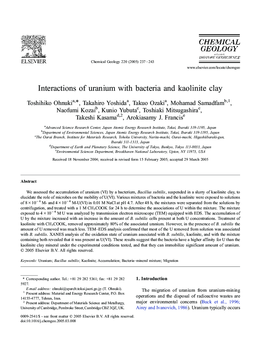 Interactions of uranium with bacteria and kaolinite clay