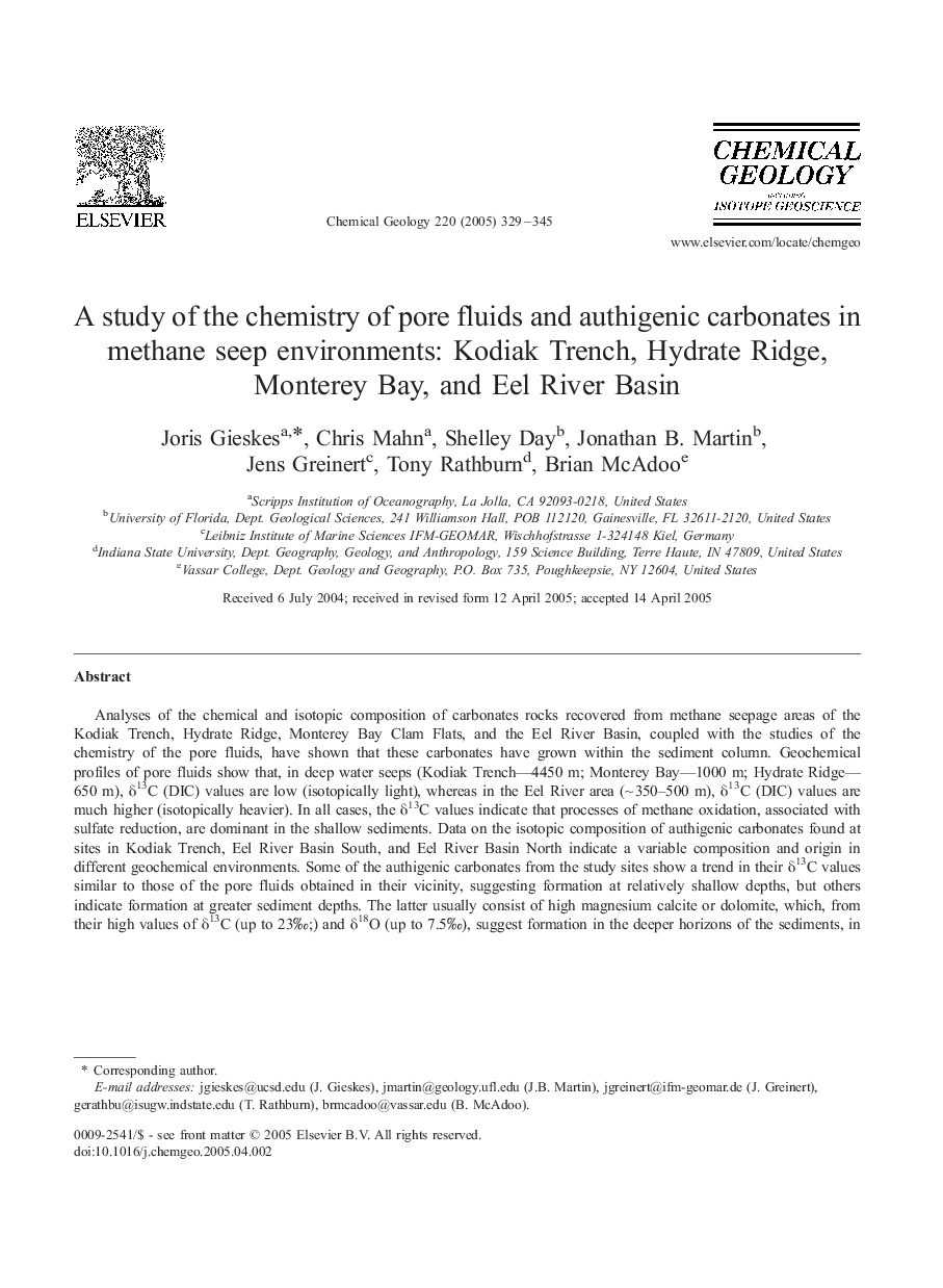 A study of the chemistry of pore fluids and authigenic carbonates in methane seep environments: Kodiak Trench, Hydrate Ridge, Monterey Bay, and Eel River Basin