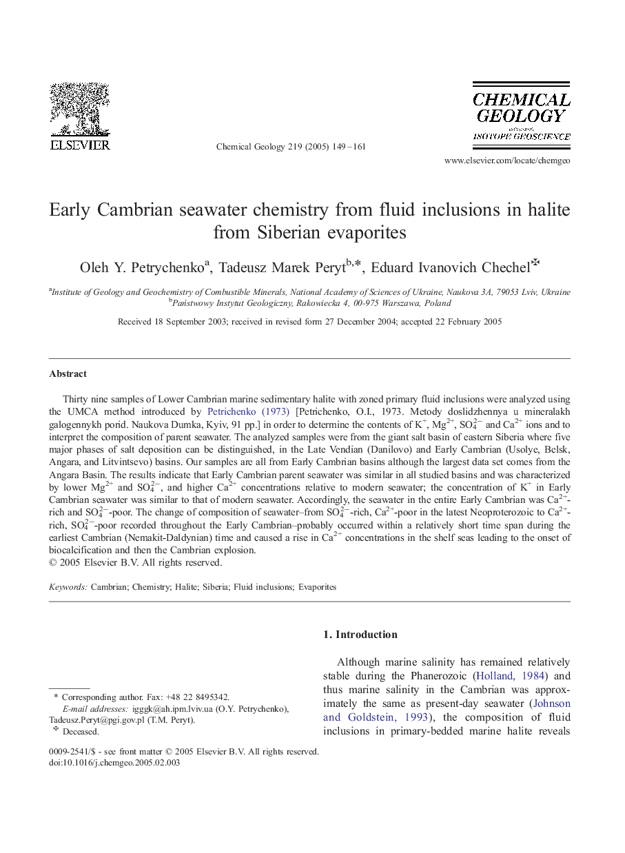 Early Cambrian seawater chemistry from fluid inclusions in halite from Siberian evaporites