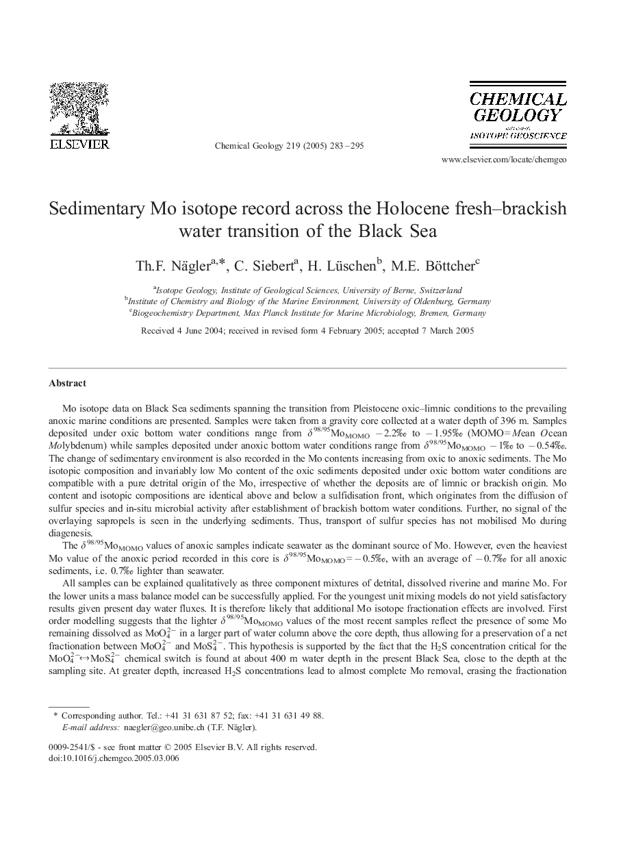 Sedimentary Mo isotope record across the Holocene fresh-brackish water transition of the Black Sea