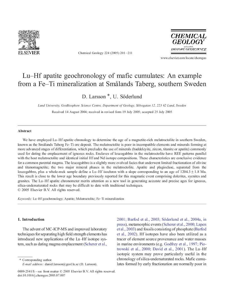 Lu-Hf apatite geochronology of mafic cumulates: An example from a Fe-Ti mineralization at SmÃ¥lands Taberg, southern Sweden