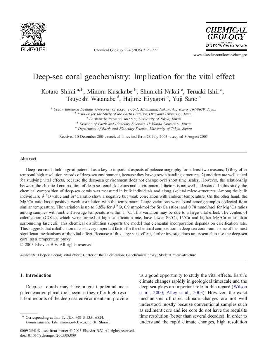 Deep-sea coral geochemistry: Implication for the vital effect