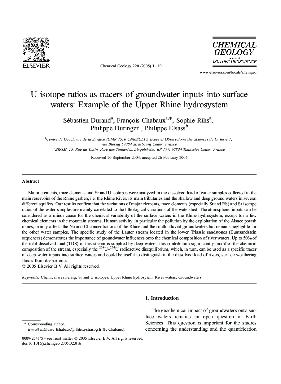 U isotope ratios as tracers of groundwater inputs into surface waters: Example of the Upper Rhine hydrosystem